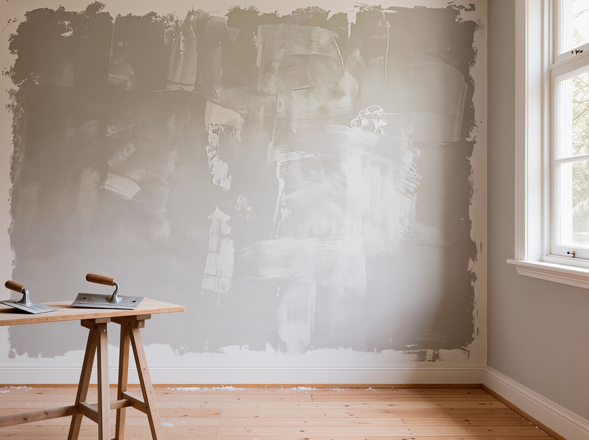 Frisch verputzte, gedämmte Wand mit Glättkelle